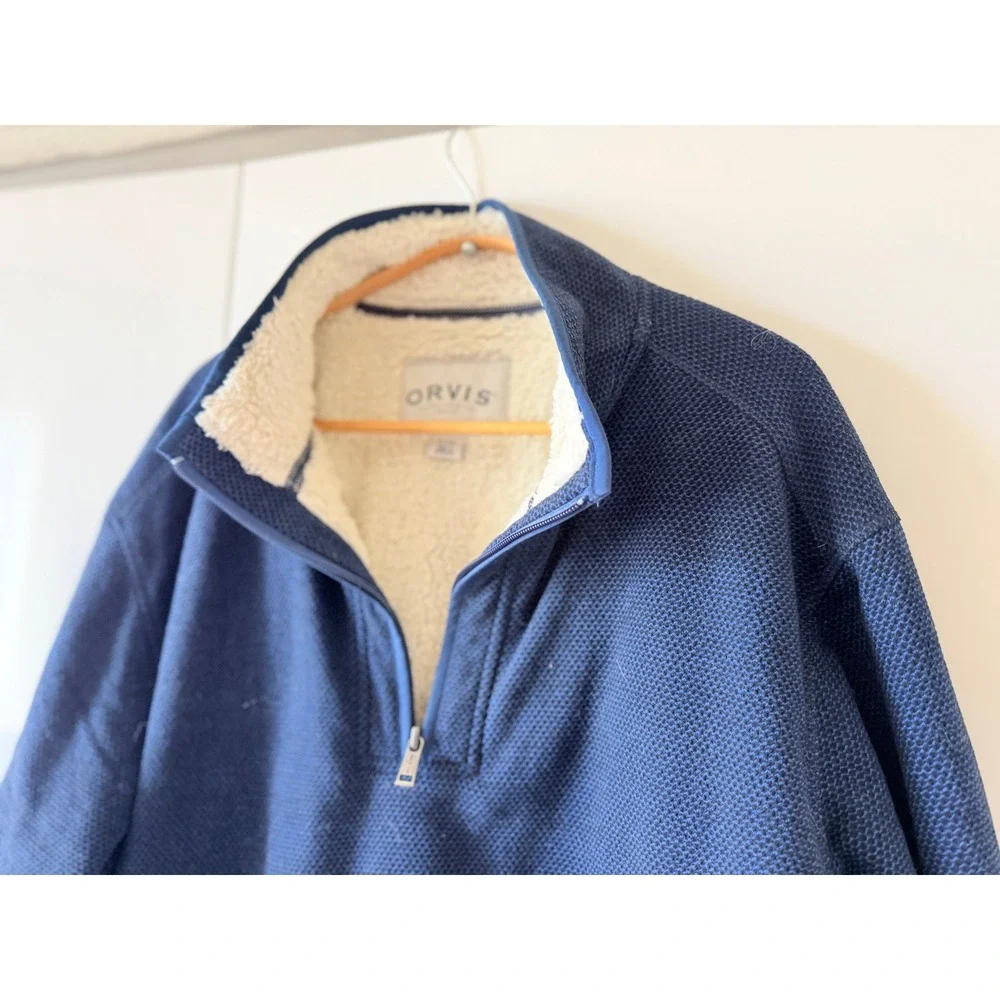 Orvis Navy Sherpa Lined Quarter Zip Pullover Waffle Knit Mens XL
